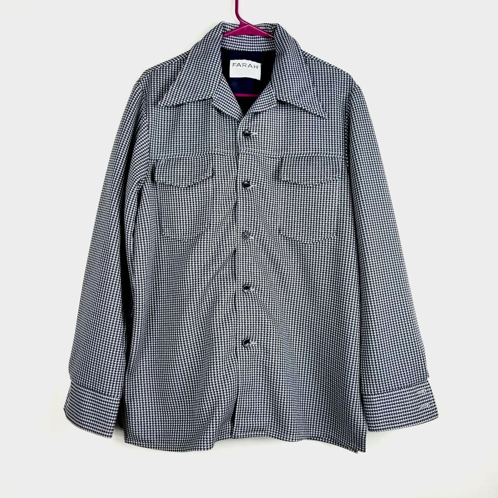 Vintage Farah Men's Heavy Button Up Shirt Navy Blue Gray Houndstooth Barn Work